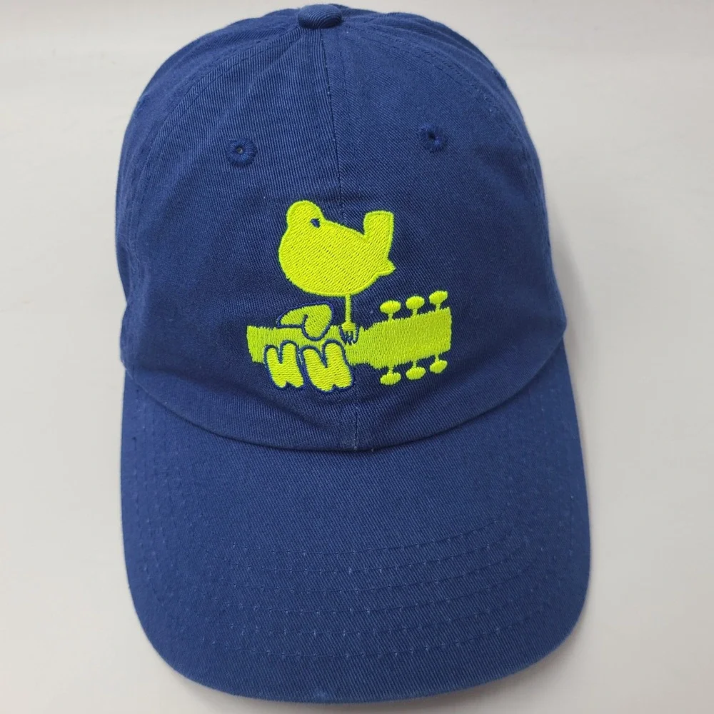 Woodstock Hat Strapback (Fits Small) Blue Yellow Music Festival Bird Guitar Logo